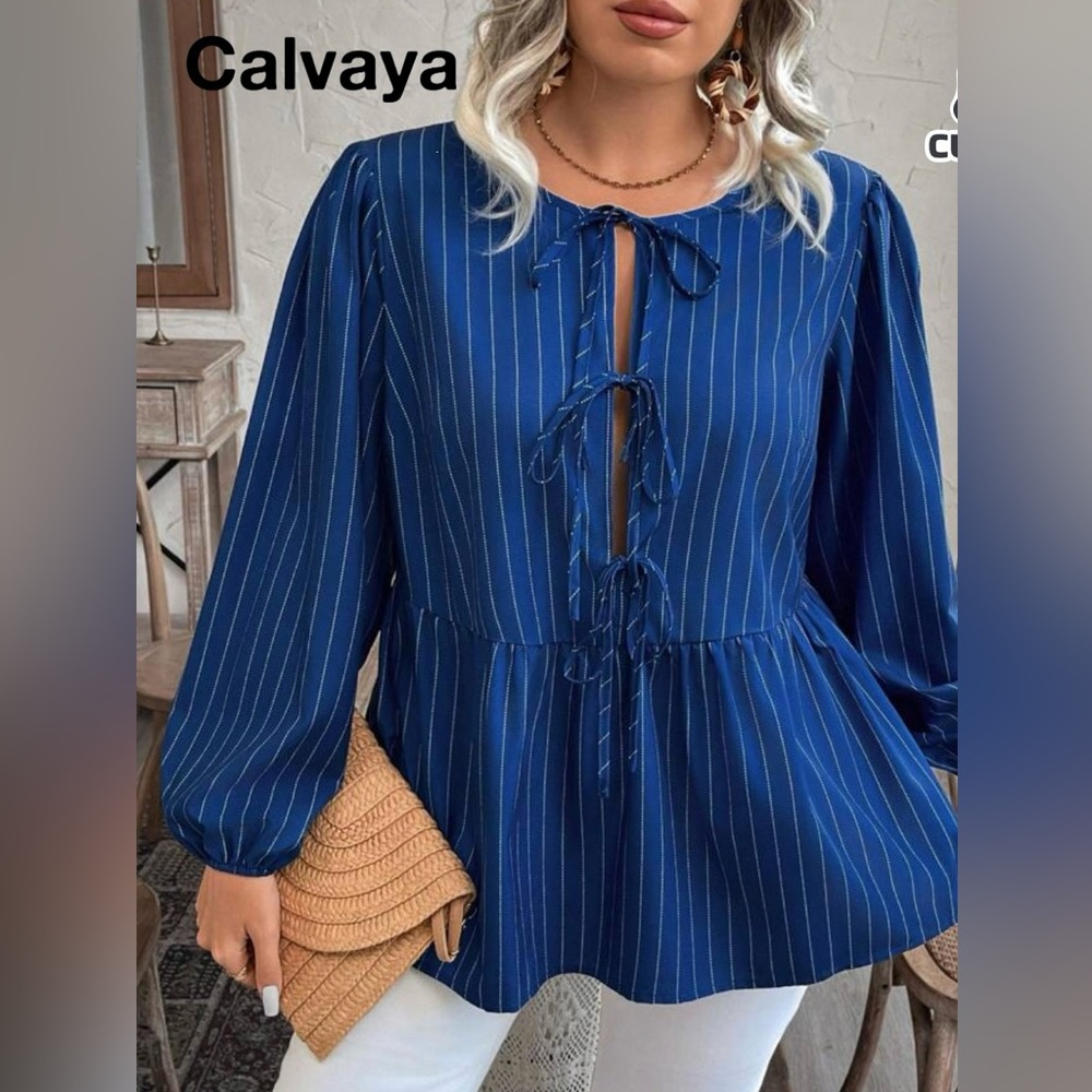 Calvaya Tie-Knot Striped Print Ruffle Hem Long Sleeve Shirt